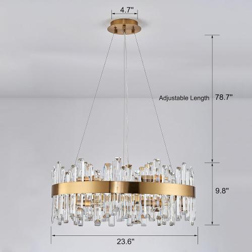Round Crystal Chandeliers, D23.6 inch 12-Light Brass Gold Chandelier Lighting Fixture, Height Adjustable Pendant Ceiling Light for Living Room Dining Room Bedroom