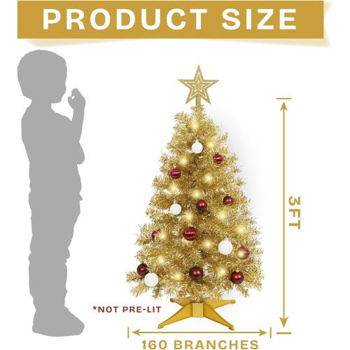 SUNSHINE DECOR Champagne Christmas Tree with Light 3ft Artifical Full Christmas Tree with Ball & Star Ornaments 8 Lighting Modes for Holiday Decor