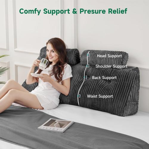 Grey Twin Size Z-hom Large Wedge Pillow Headboard, Twin Triangular Headboard Pillow, Reading Pillow Standard Bed with a Roll Pillow for Bed Sitting Up Sleeping, Backrest Cushion Headboard Gap Pillow for Back, Grey