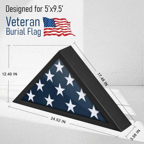 Flag Display Case for 5x9.5 Burial Flag - Veteran Flag Display Box - Solid Wood - Military Memorial Shadow Box Frame for Wall or Tabletop - Black