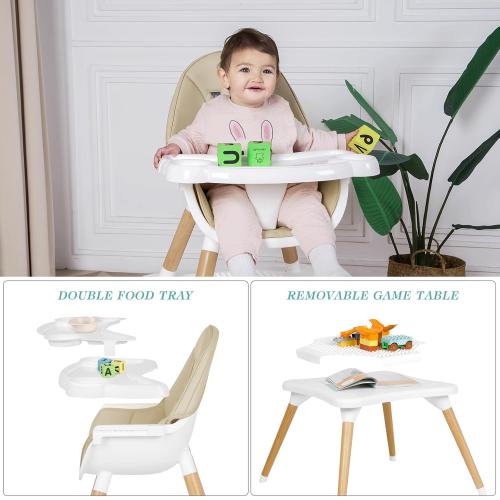 Beige 6 in 1 High Chair for Babies & Toddlers, Convertible Wooden Baby Highchair, Table and Chair Set, Baby Feeding Chair, 5-Point Adjustable Harness/4-Position Removable Tray& PU Seat Cushion