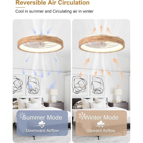 Low Profile Flush Mount Wood Fandelier Ceiling Fan with Light | Remote/APP, timer, memory, reversible, dimmable, 6 speeds; for bedroom, living room.