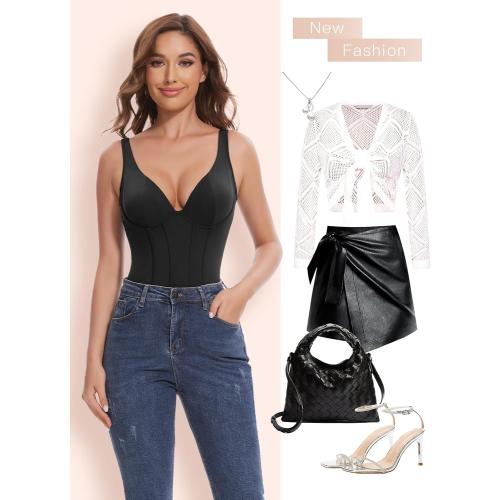Size L Slimers Women V-Neck Corset Bodysuits - Tummy Control Sculpting Body Suits : Hip Lifter Shapewear Outfits Club Tops