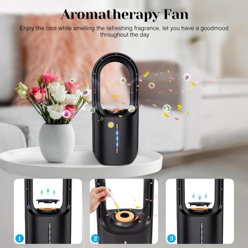 Size 11.8 Color Black Bladeless Desk Fan, 11.8 Inch Office Fan Small Quiet, Desktop Fans with 3 Wind Speed, LED Light, Silent Desk Fan Ideal for Bedroom, Office, Living Room(No Battery)