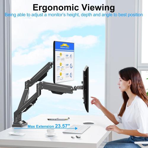 Dual Monitor Mount for Screens up to 43, Heavy Duty Ultrawide Dual Monitor Arm Holds 2.2-33lbs Each, Premium Gas Spring Adjustable Computer Monitor Stand for 2 Monitors, VESA Desk Mount