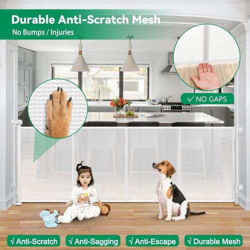 Reinforced 85 Inch Wide Retractable Dog Gate Extra Long Baby Gate with Support Rods – Prevent Crawling Under, Indoor Extra Wide Retractable Baby Gate Retractable Gate Outdoor Gates for Decks, White