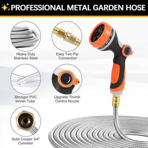 Metal Garden Hose 50 ft with 10 Function Sprayer Nozzle, Lightweight Stainless Steel Water Hose with 3/4 Solid Fittings, Flexible Kink Free Leak Proof for Yard, Patio, Outdoor & Car washing