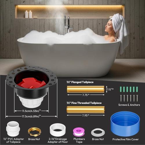 Freestanding Tub Drain, PVC Free Standing Tub Drain Kit for All Freestanding Bathtubs,1-1/2” to 2” Drainage Pipe Fitting, Brass Tailpipe, Quick Installation and Removal