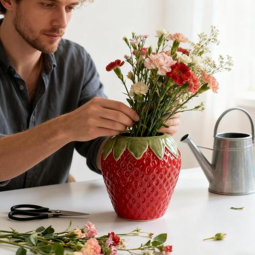 Ceramic Strawberry Vase, Cute Fresh Flowers Vases, Small Fruit Vases for Strawberry Party, Kitchen Decor(Red)