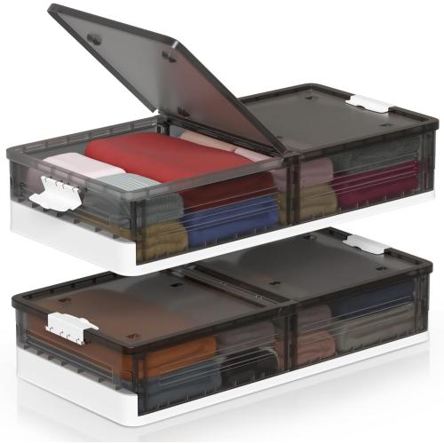 2-Pack Foldable Under Bed Storage with Wheels – Plastic Containers with Secure Buckles – Stackable, Rolling Bins for Shoes, Clothes, Books, Toys