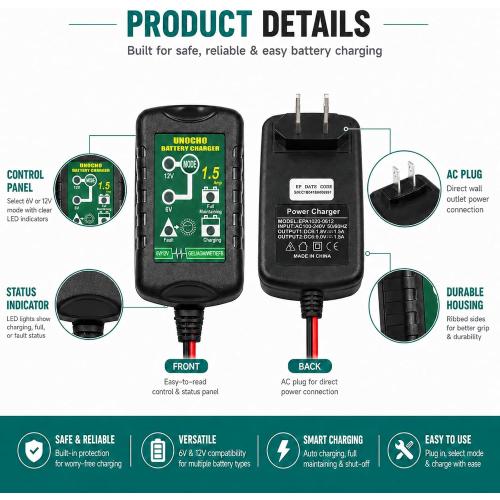 Unocho 6V/12V Battery Charger Maintainer 1.5A Automatic Trickle Charger Smart Float Charger for Car Motorcycle Lawn Mower Boat ATV Snowmobile Lead-Acid AGM GEL SLA VRLA WET Batteries