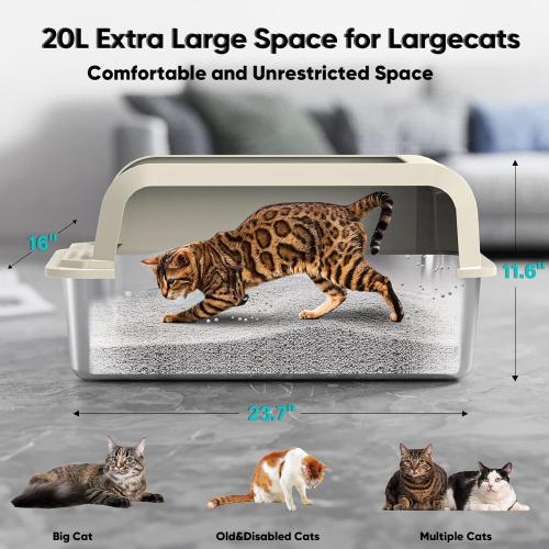 Stainless Steel Cat Litter Box with Lid, XL Large Litter Box for Big Cats, Enclosed Kitty Litter Pan with High Sides, Anti-Leakage&Non-Stick, Easy to Clean, Included Scoop, Aisle and Mat Beige