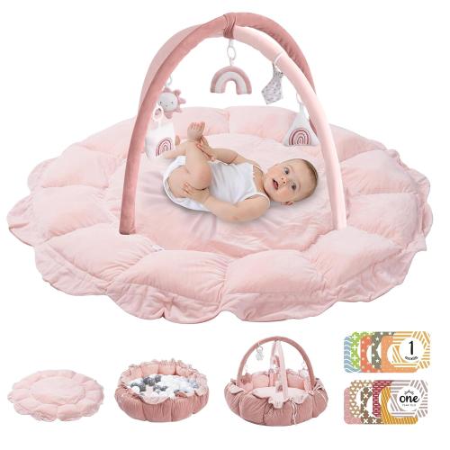 HAN-MM 5-in-1 Convertible Baby Play Gym with 6 Toys, Tummy Time Mat for Sensory Development, Baby Activity Center from Newborn to Toddler, Ball Pit, Cat & Dog Bed, Soft Plush Pet Bed, Pink