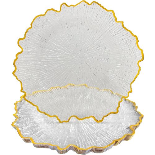 CN JIAHE 13inch Clear Acrylic Reef Gold Rim Charger Plates Set of 8 , for Dinner , Wedding , Party , Event Decoration.