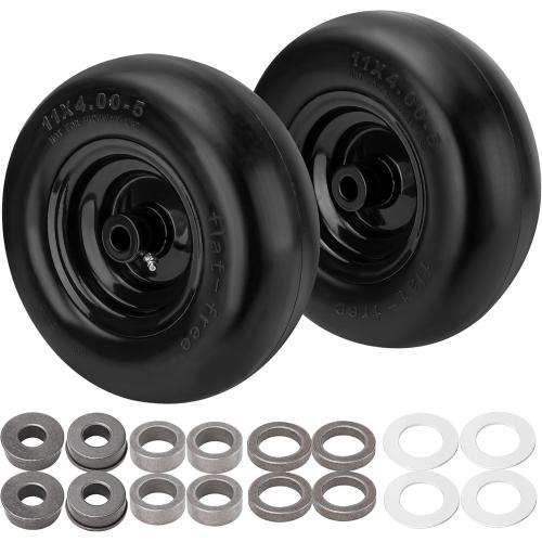 TWO 11x4.00-5 Flat Free Lawn Mower Tires on Wheels, Universal Fit 11x4.00-5 Smooth Tread Tire for Zero Turn Lawn Mowers - with 3/4 Bushings and 3.4-5 Centered Hub - Contain Adapter Kit | Black-2Pcs