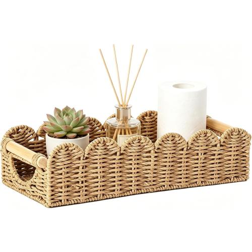 Upgraded Bathroom Basket Organizer w/Cut Out Handle, Back of Toilet Paper Storage Baskets Tray for Bathroom Countertop Decorative, Scalloped Wicker Basket Also for Home Decor, Living Room (Neutral)