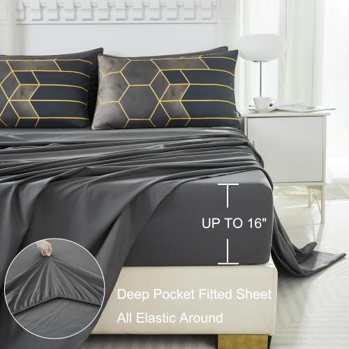 Queen Size Comforter Sets 7 Pieces Grey and Gold Striped Bedding Set Geometric Bed in A Bag