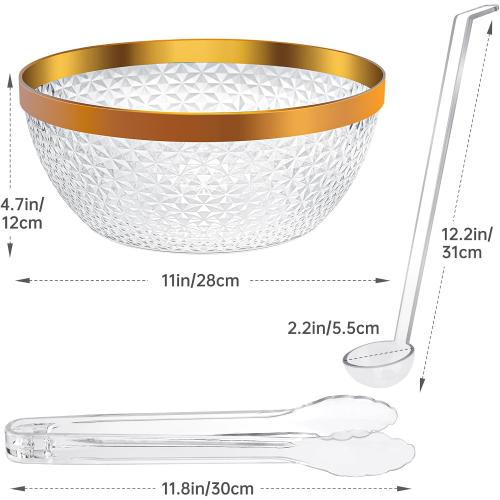 NiHome Gold Trim Clear Plastic Punch Bowl with Ladle and Tong for Parties, Weddings, BBQs, 1.4 Gallon Beverage Serving Bowl Complete Set for Cocktails, Salads, Snacks, Easy to Clean