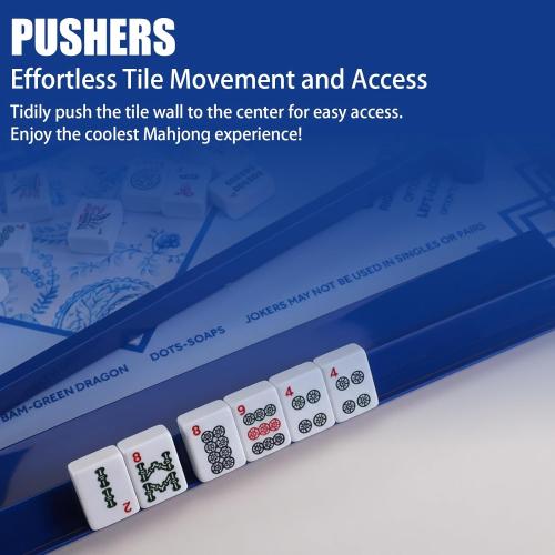 4 Pcs 18.7 Inch Dark Blue Acrylic Mahjong Tile Racks with Pushers for Game Night American Mahjong Racks Tile Set for Mah Jong Lovers and Beginners