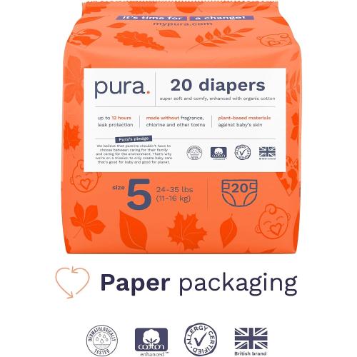 Pura Size 5 Eco-Friendly Diapers (24-35 lbs) Totally Chlorine Free (TCF) Hypoallergenic, Soft Organic Cotton, up to 12 Hours Leak Protection, Allergy UK, 3 Packs of 20 (60 Count)