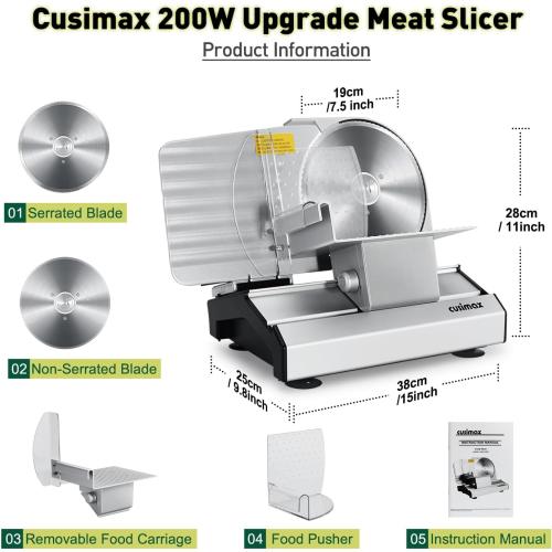 CUSIMAX Electric Meat Slicer for Home,Two 7.5''Stainless Steel Blades,1-20mm Adjustable Thickness,Easy to Cut Various Foods,Removable Food Carriage for Easy Cleaning