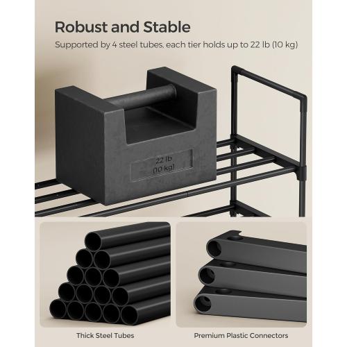 SONGMICS Shoe Rack, 3-Tier Shoe Organizer, Metal Storage Shelf, Upright or Upside Down, for 20-24 Pairs, Stackable, for Entryway, 11.8 x 46.1 x 21.7 Inches, Black ULSA033B01