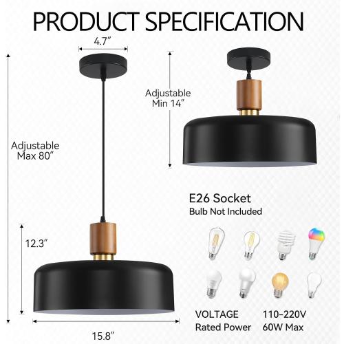 Eustace Large Black Pendant Light, 15.8 Oversized Ceiling Lamp with Oak Wood & Brass