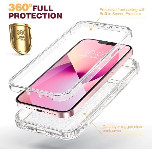 Diaclara Designed for iPhone 13 Case, Full Body Rugged with Built-in Touch Sensitive Anti-Scratch Screen Protector, Soft TPU Bumper Case for iPhone 13 6.1 (Clear Glitter)