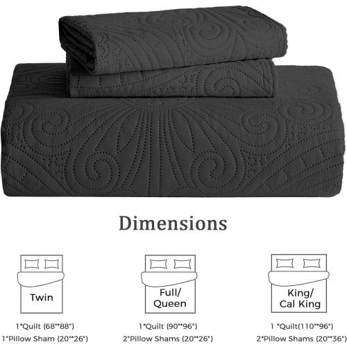 WURUIBO King/Cal King Quilt Set Black,Ultrasonic Embossed Bedspread, Lightweight Microfiber Coverlet, Modern Thin Bedding Set for All Season, 3 Piece(1 Quilt,2 Pillow Shams)