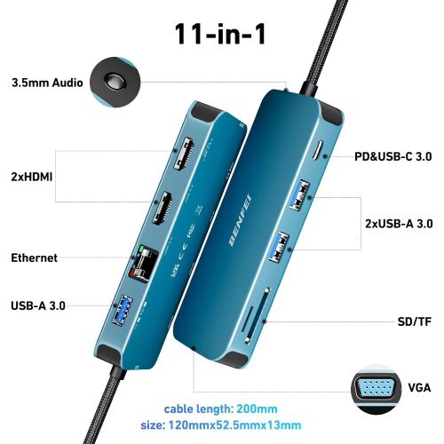 BENFEI 11-in-1 USB C Hub Triple Display Docking Station Dual HDMI, VGA, 3*USB 3.0, 1Gbps Ethernet, 100W Power Delivery, SD/TF Card Reader, 3.5mm AUX Audio Compatible with MacBook XPS Surface