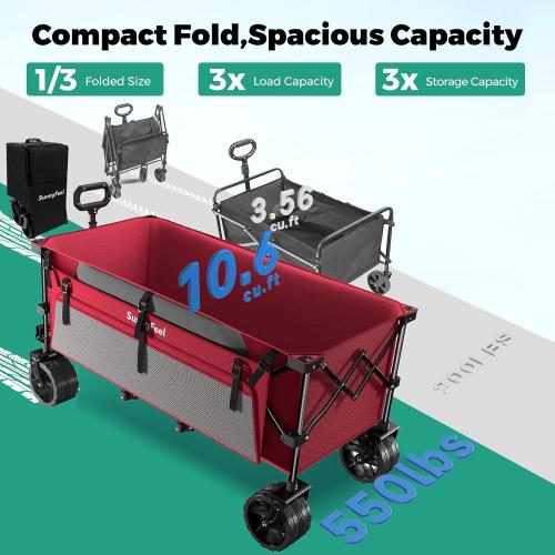 SUNNYFEEL 49 L Foldable Wagon Cart with Big Wheels - 550lbs Heavy Duty Extra Long Collapsible Shopping Cart - Utility Grocery Wagon for Garden Sports Camping Outdoor Activities (Red)