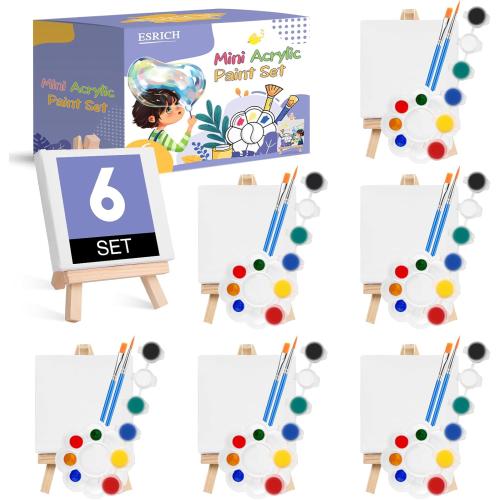 ESRICH 6 Set Mini Acrylic Paint Kit,Minis Stretched Canvas with Easel,Acrylic Paint Strips,Paint Palettes,Painting Brushes, Mini Canvas and Easel Set for Kids Artists Beginner,Gift