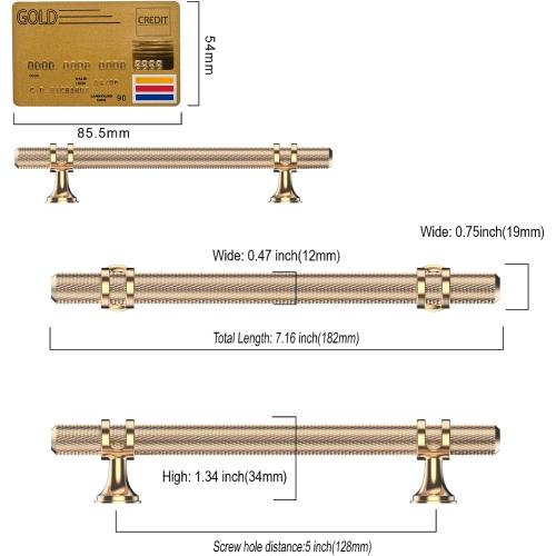 Amerdeco 10 Pack Knurled Gold Cabinet Pulls 5 Inch Hole Center Brushed Brass Kitchen Cabinet Handles for Drawer Dresser, Cupboard and Wardrobe ZH0025