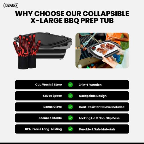 XL Collapsible BBQ Prep Tub with Cutting Board & Drain Plug – Portable Food Prep Station for Kitchen, Camping & Grill – Dishwasher Safe, Space-Saving Design – Heat-Resistant Glove Included (Black)