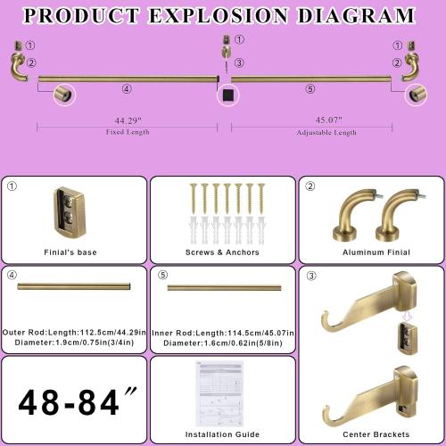 Antique Bronze Disc Curtain Rods, 48-84 Inches Window Curtain Rod,Adjustable Room Darkening Curtain Rod with Aluminum Finials and Brackets,Wrap Around Design