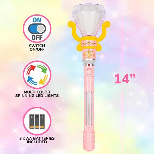 ArtCreativity Light Up Princess Wand for Kids (14 Long) - Diamond Fairy Wand with Spinning LEDs, Batteries Included - Light Up Wands for Girls and Boys, Perfect Pretend Play Toys