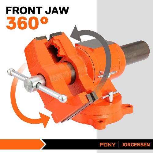 PONY Heavy Duty Bench Vise, 5-inch Jaw Width and Opening, 360-Degree Swivel Base With Anvil, Utility Combination Pipe Home Vise for Woodworking, One-Pair Vise Jaw Pad Included