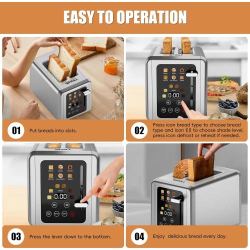 WHALL Touch Screen Toaster 2 Slice, Stainless Steel Digital Timer Toasters with Sound Function, Smart Extra Wide Slots Toaster with Bagel, Cancel, Defrost (silver)