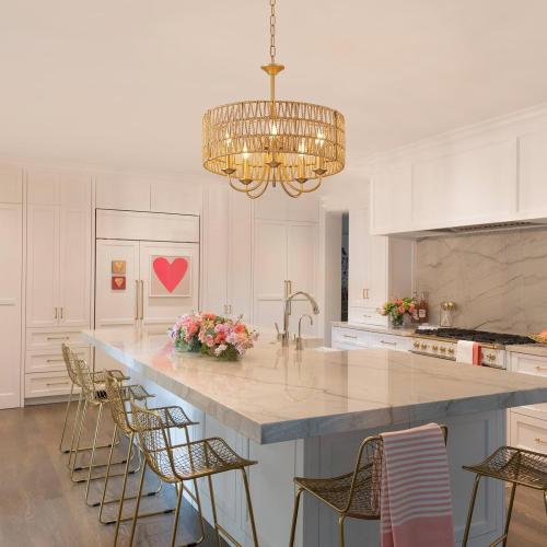 5-Light Boho Large Rattan Chandelier Light Fixture, Gold Rattan Chandeliers for Dining Room with Hand Woven Shade, Farmhouse Rustic Drum Hanging Pendant Light Fixture for Living Room, Hallway, Foyer