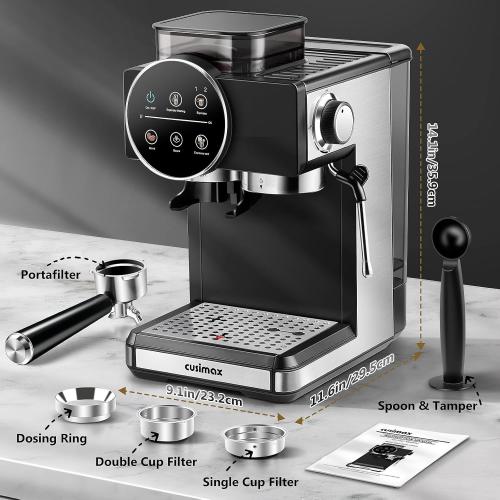 Espresso Machine with Grinder, 20 Bar Professional Expresso Coffee Machines with Milk Frother Steam Wand, Espresso Maker with 60oz Removable Water Tank, Cappuccino & Latte Machine for Home (Black)