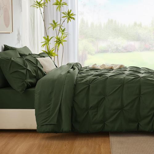 CozyLux California King Comforter Set Olive Green, 7 Pieces Cal King Pintuck Bed in A Bag, Pinch Pleat Bedding Sets with All Season Comforter, Flat Sheet, Fitted Sheet, Pillowcases & Shams