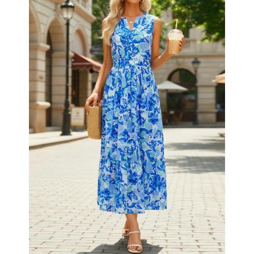 Size L...ZESICA Women's Summer Boho Floral Sleeveless Midi Dress 2026 V Neck Elastic High Waist Flowy Casual Beach Long Dresses