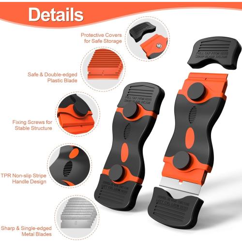 Ywmoml 3 Pack Razor Blade Scraper Set, Includes 30 Plastic & 30 Metal Blades, Multi-Purpose Tool for Glass, Cooktop, Sticker Removal, Paint & Gum Cleaning (Orange)