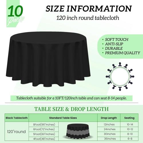 BLACK 10 Pack Table Cloth Round 120 inch Black Tablecloths for Round Tables Wrinkle Resistant Polyester Table Cloth Fabric Table Cover for Party Wedding Events and Camping