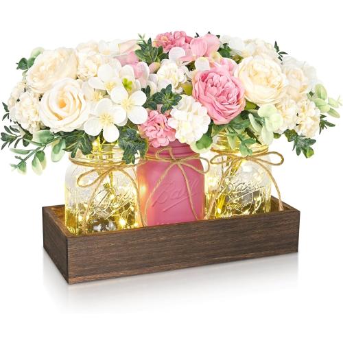 BLEUM CADE Centerpiece Table Decorations - 3Pcs Roses Artificial Flowers in Mason Jars with Wood Tray for Dining Table Coffee Table Farmhouse Room Decor