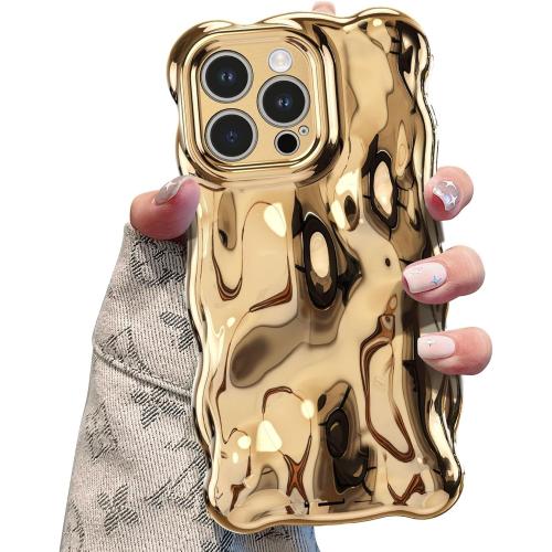 UEEBAI Ripple Case for iPhone 16 Pro Max, Cute Silver Cover Wave Shape for iPhone Case Pretty Aesthetic 3D Phone Cover, Water Ripple Shell 3D Chrome Design for Women and Girl, Gold