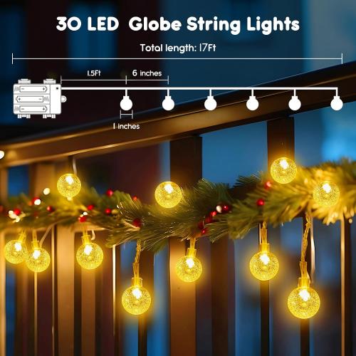 Minetom Crystal Globe String Lights Battery Operated - 17 ft 30 LED Globe Fairy Lights with Remote and 8 Modes, Waterproof for Bedroom Tent Loft Camping Porch Patio Party Wedding Decor, Warm White
