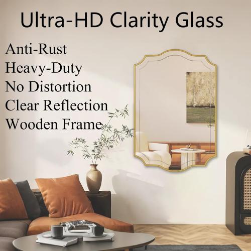 POZINO 36x24 Scalloped Wall Mirror with Gold Wood Frame | Irregular Rectangle Design, Horizontal/Vertical Hanging, Elegant Wavy Wall Mirror for Entryway Bedroom Bathroom Living Room