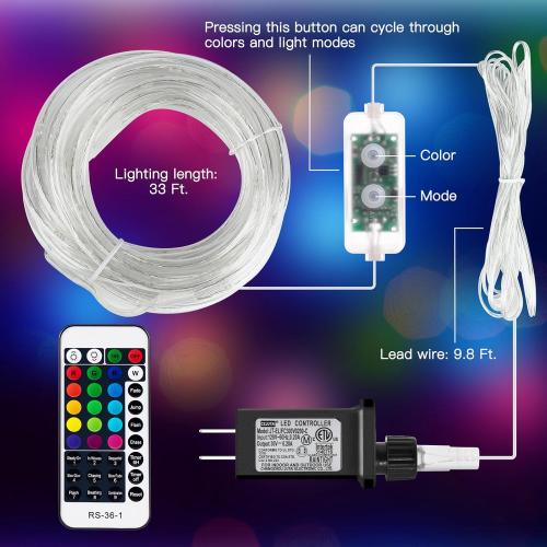 Minetom Color Changing Rope Lights Outdoor, 33FT 100 LED String Lights with Plug & Remote, Waterproof Christmas Light Outdoor Decoration, Twinkle LED Rope Light for Outside Indoor Bedroom,16 Colors