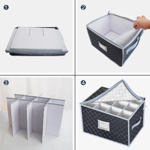 Wine Glass Storage Box with Dividers Holds 24 Stemware Storage Cases or China Crystal Glassware Containers with Handles and Lable Window (15.5 x 12.5x10)-Set of 2 Grey
